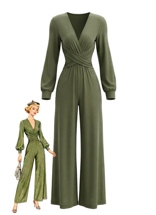 1930s Fitted Waist Spaghetti Strap Long Sleeve V-Neck Jumpsuit