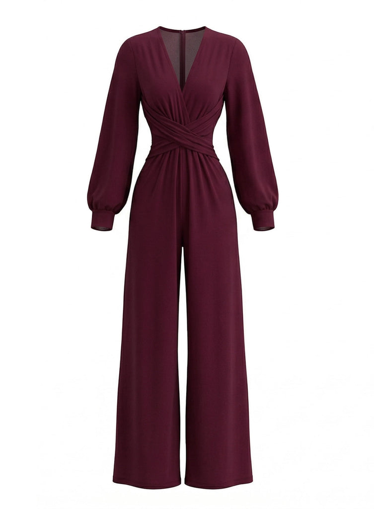 1930s Solid Wrap Front Long Sleeve Jumpsuit - vintage romper, retro jumpsuit for vintage lovers