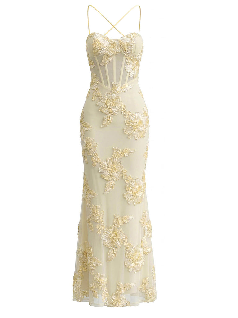 1930s Spaghetti Strap 3D Floral Maxi Mermaid Dress - vintage dress, retro fashion, elegant style for vintage lovers