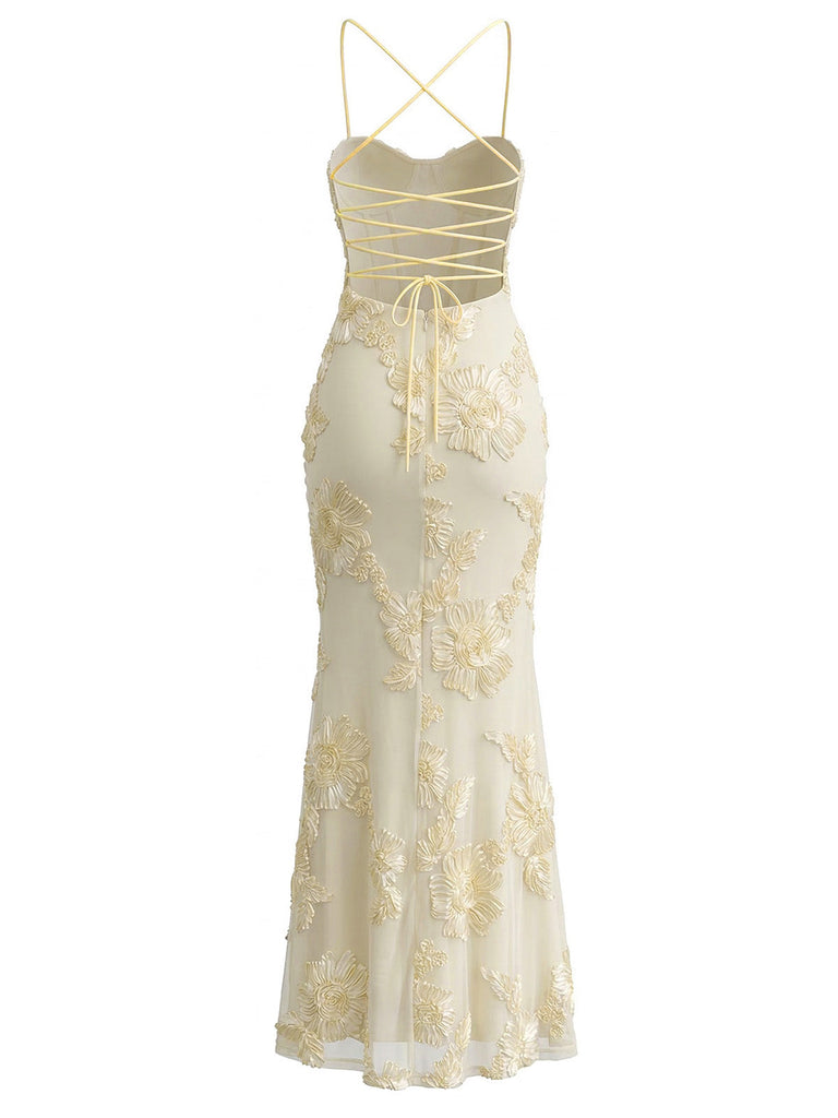 1930s Spaghetti Strap 3D Floral Maxi Mermaid Dress: beautiful vintage dress, retro fashion, elegant style with timeless appeal