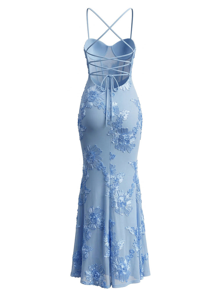 1930s Spaghetti Strap 3D Floral Maxi Mermaid Dress | vintage dress, retro fashion, elegant style - perfect for retro fashion enthusiasts