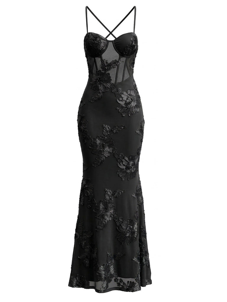 1930s Spaghetti Strap 3D Floral Maxi Mermaid Dress | vintage dress, retro fashion, elegant style - perfect for retro fashion enthusiasts