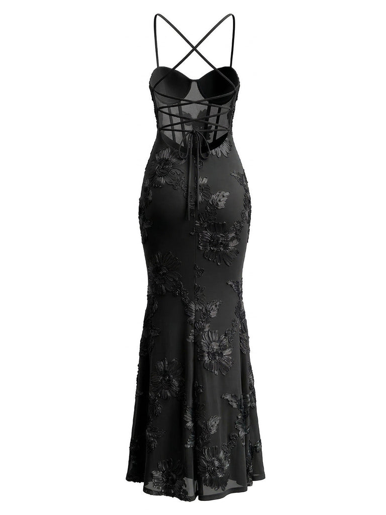 1930s Spaghetti Strap 3D Floral Maxi Mermaid Dress - vintage dress, retro fashion, elegant style for vintage lovers