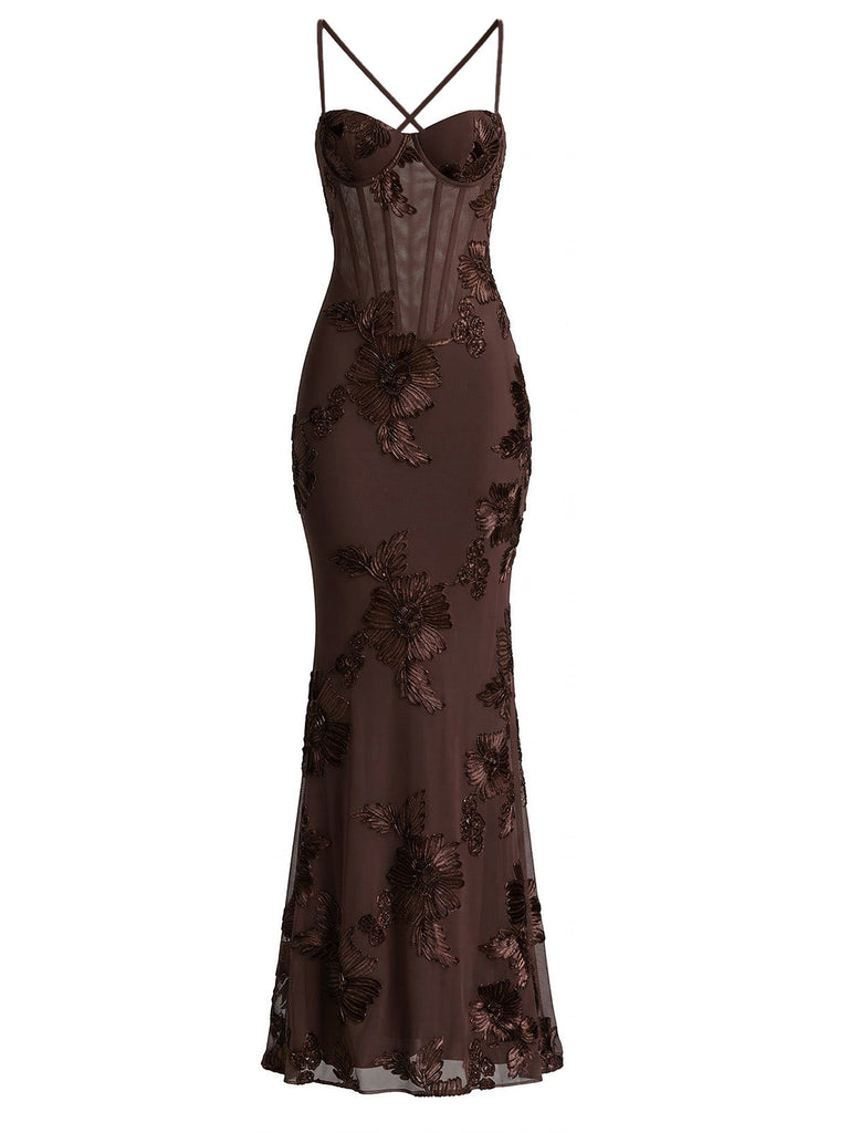 1930s Spaghetti Strap 3D Floral Maxi Mermaid Dress: beautiful vintage dress, retro fashion, elegant style with timeless appeal