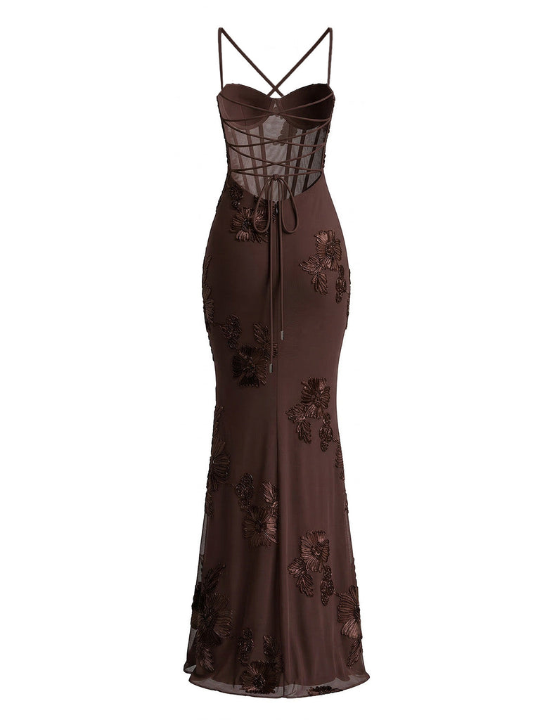 1930s Spaghetti Strap 3D Floral Maxi Mermaid Dress | vintage dress, retro fashion, elegant style - perfect for retro fashion enthusiasts