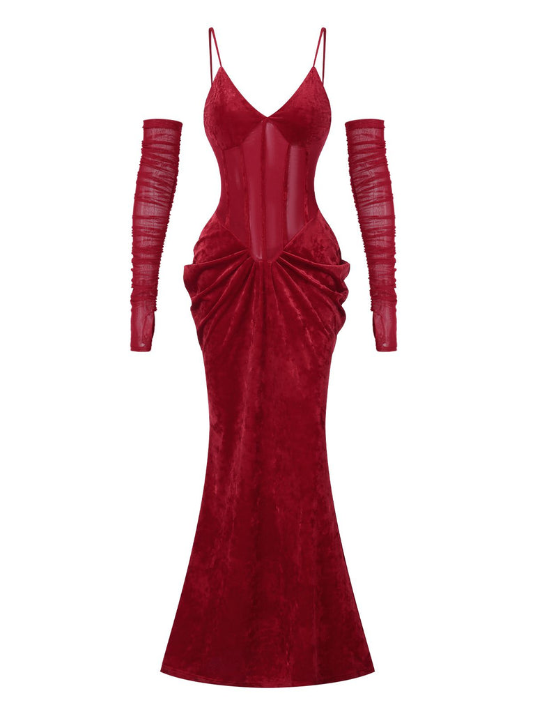 Burgundy Velvet Strappy Corset Bodice Party Cocktail Dress with Sheer Long Sleeves Burgundy Velvet Strappy Corset Bodice Party Cocktail Dress with Sheer Long Sleeves