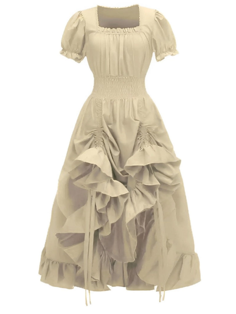1930s Square Neck Wrinkles Puff Sleeves Dress: where 1930s romance meets her modern spirit