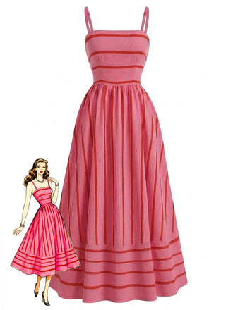 1930s Striped Spaghetti Strap Hollow Smocked Dress - vintage dress, retro fashion, elegant style for vintage lovers