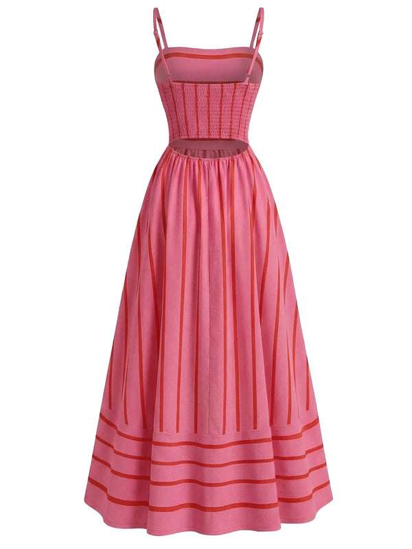 1930s Striped Spaghetti Strap Hollow Smocked Dress