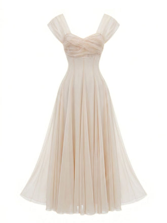 1930s Sweetheart Neck Cap Sleeve Mesh Fishbone Dress, vintage dress, retro fashion, women, elegant