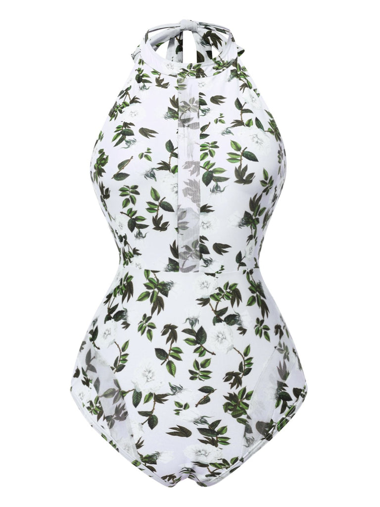 2PCS Green 1930s Leaf Print Halter One-Piece Swimsuit & Cover Up - vintage swimsuit, pin-up style
