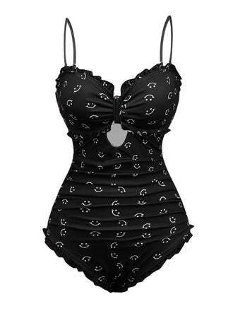 Black 1930s Smile Print Ruffles Spaghetti Straps One-Piece Swimsuit - vintage swimsuit, pin-up style, classic black