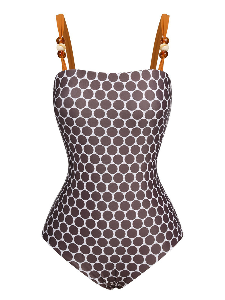 Brown 1930s Beads Straps Polka Dots Reversible Swimsuit - vintage swimsuit, pin-up style