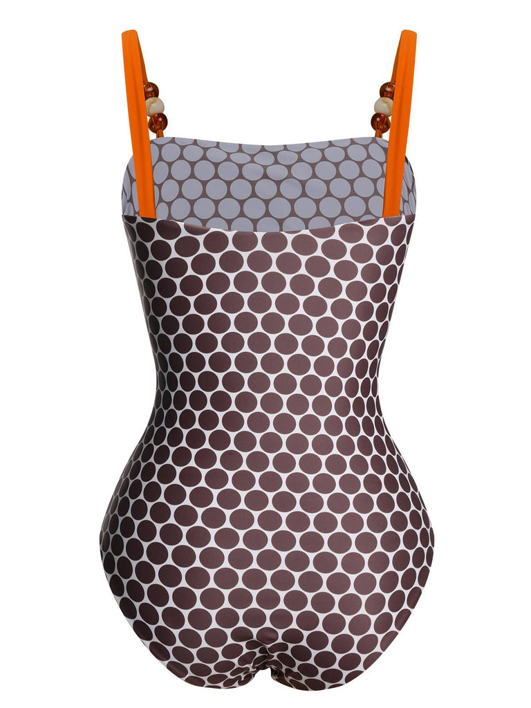 Brown 1930s Beads Straps Polka Dots Reversible Swimsuit - vintage swimsuit, pin-up style