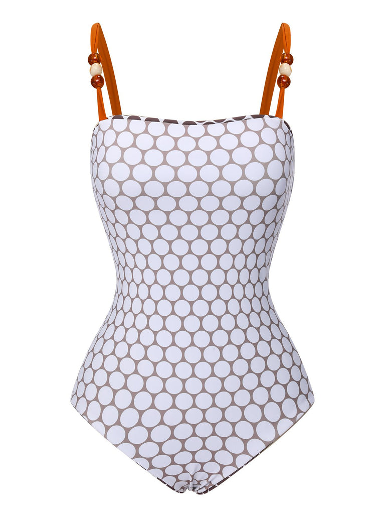 Brown 1930s Beads Straps Polka Dots Reversible Swimsuit - vintage swimsuit, pin-up style