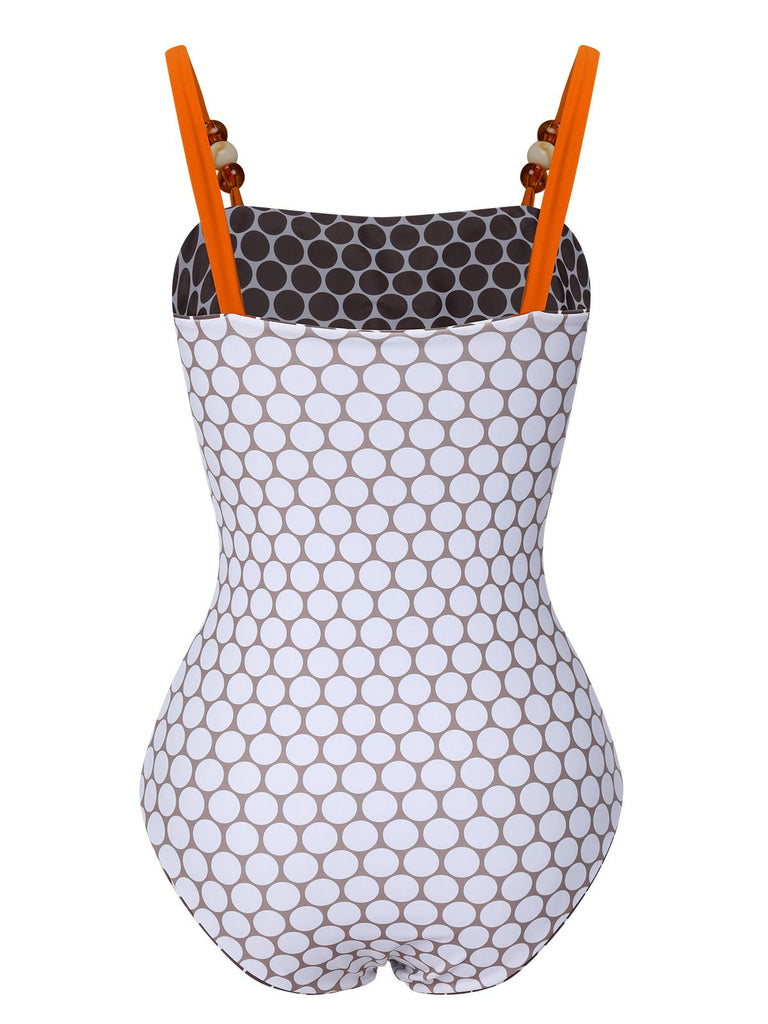 Brown 1930s Beads Straps Polka Dots Reversible Swimsuit - vintage swimsuit, pin-up style