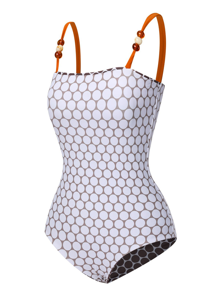 Brown 1930s Beads Straps Polka Dots Reversible Swimsuit - vintage swimsuit, pin-up style