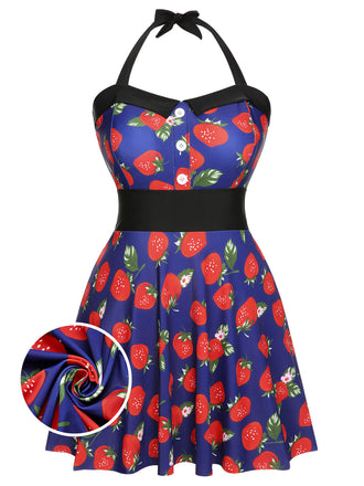 Multicolor 1930s Colorblocked Strawberry Halter Swimsuit - vintage swimsuit, pin-up style