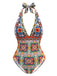 Multicolor 1930s Mediterranean Print Halter One-Piece Swimsuit - vintage swimsuit, pin-up style