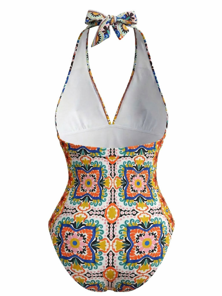 Multicolor 1930s Mediterranean Print Halter One-Piece Swimsuit - vintage swimsuit, pin-up style