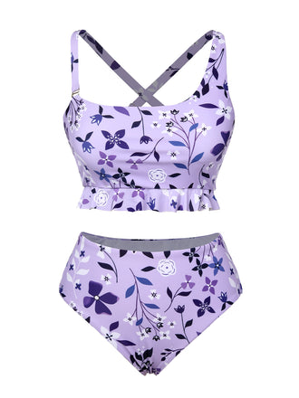 Purple 1930s Floral Irregular Shoulder Straps Swimsuit - vintage swimsuit, pin-up style