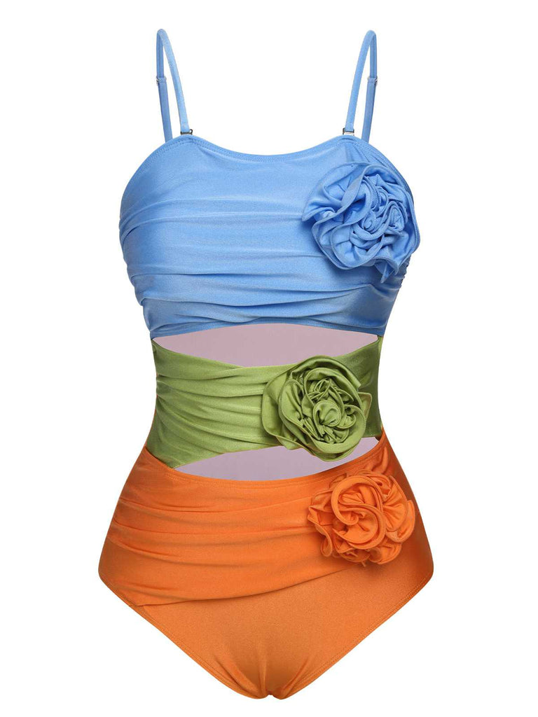 1930s Spaghetti Strap Contrast 3D Flower One-Piece Swimsuit - vintage swimsuit, pin-up style