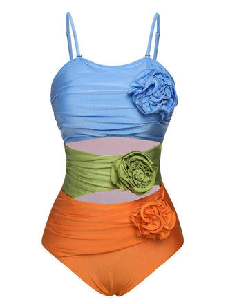 1930s Spaghetti Strap Contrast 3D Flower One-Piece Swimsuit - vintage swimsuit, pin-up style
