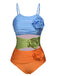 1930s Spaghetti Strap Contrast 3D Flower One-Piece Swimsuit - vintage swimsuit, pin-up style