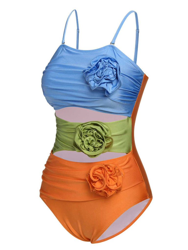 1930s Spaghetti Strap Contrast 3D Flower One-Piece Swimsuit - vintage swimsuit, pin-up style
