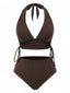1930s Textured Fabric Solid Halter Lace-Up Swimsuit