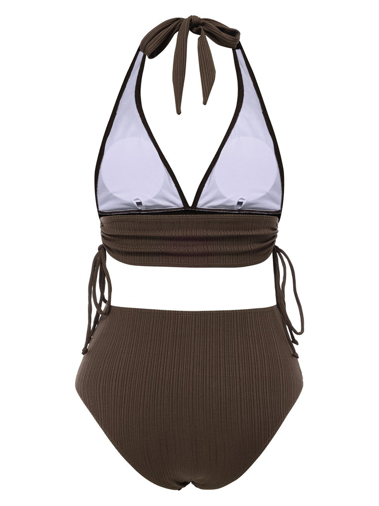 1930s Textured Fabric Solid Halter Lace-Up Swimsuit: 1930s Riviera elegance, reimagined for her