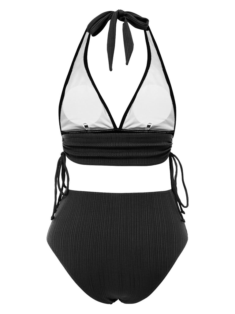1930s Textured Fabric Solid Halter Lace-Up Swimsuit — 1930s poolside glamour meets sun-drenched confidence