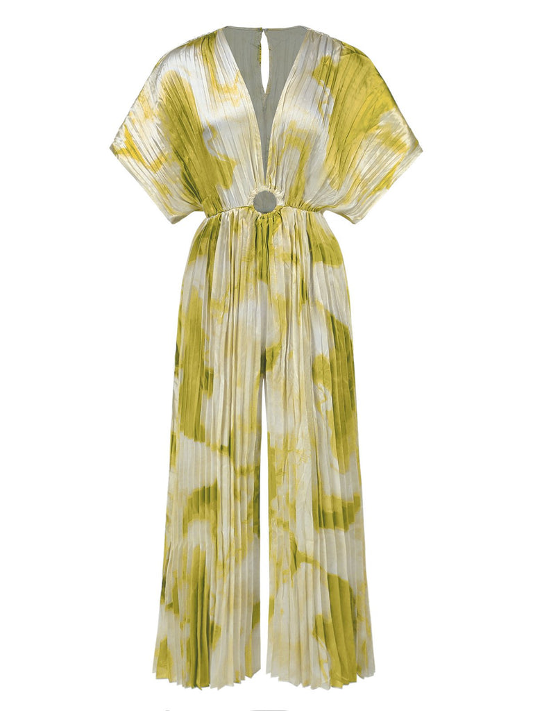 1930s Tie-Dye V-Neck Pleated Ring Jumpsuit - vintage jumpsuit, retro fashion