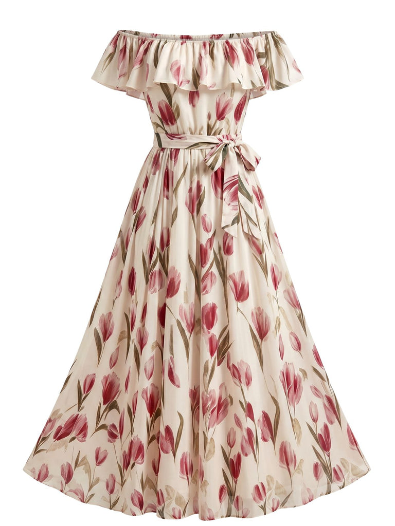 1930s Tulip Floral Off-Shoulder Ruffle Belted Swing Dress