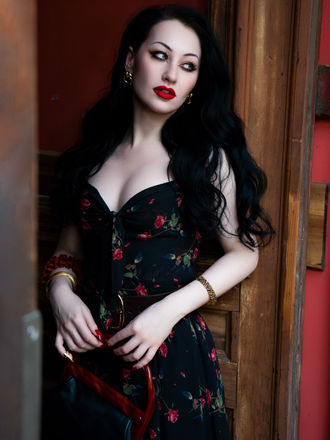 Black 1930s Rose V-Neck Bohemian Slip Dress, vintage dress, retro fashion - perfect for women who love vintage and retro fashion