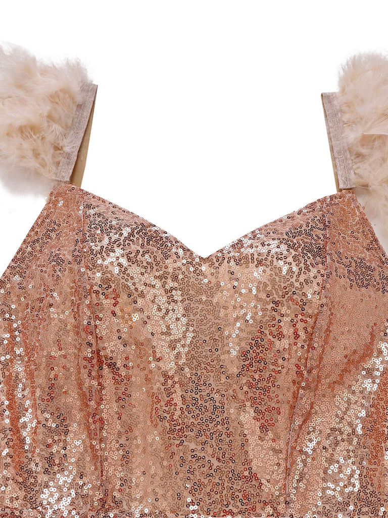 1930s V-Neck Feather Strap High Slit Sequined Dress - vintage dress, retro fashion