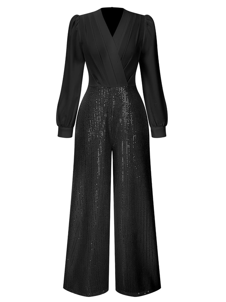 1930s V-Neck Puff Sleeve Sequins Wide-Leg Jumpsuit — 1930s style that transcends decades