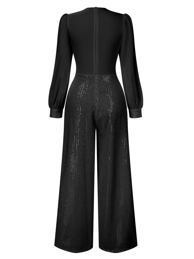 She finds her 1930s story in this 1930s V-Neck Puff Sleeve Sequins Wide-Leg Jumpsuit