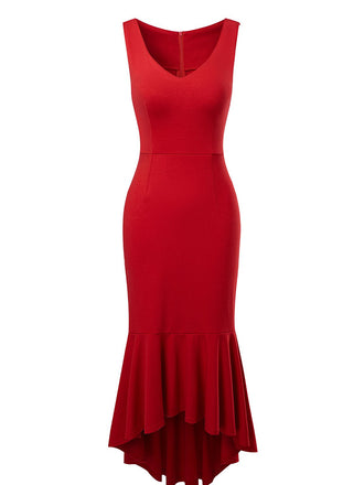1930s V-Neck Sleeveless Ruffled Fishtail Dress: where 1930s romance meets her modern spirit