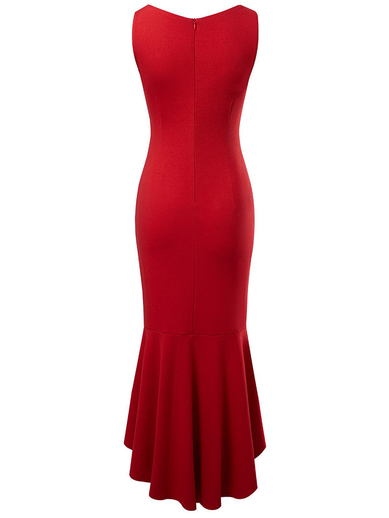 1930s V-Neck Sleeveless Ruffled Fishtail Dress, vintage dress, retro fashion - perfect for women who love vintage and retro fashion