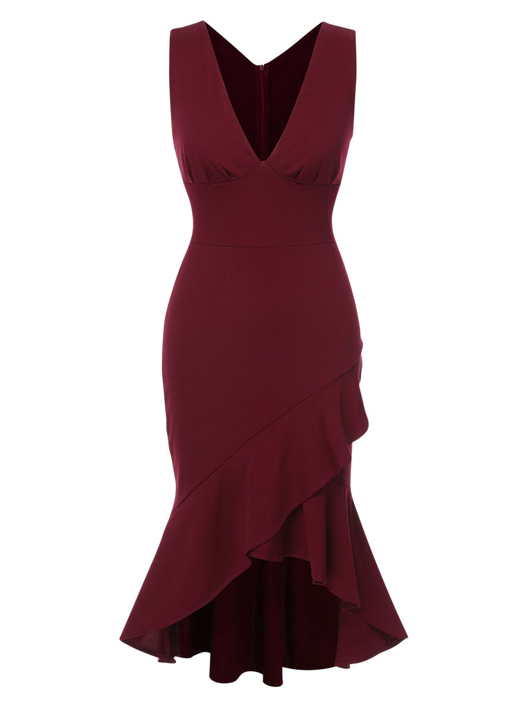 1930s V-Neck Solid Fishtail Bodycon Dress, vintage dress, retro fashion - perfect for women who love vintage and retro fashion