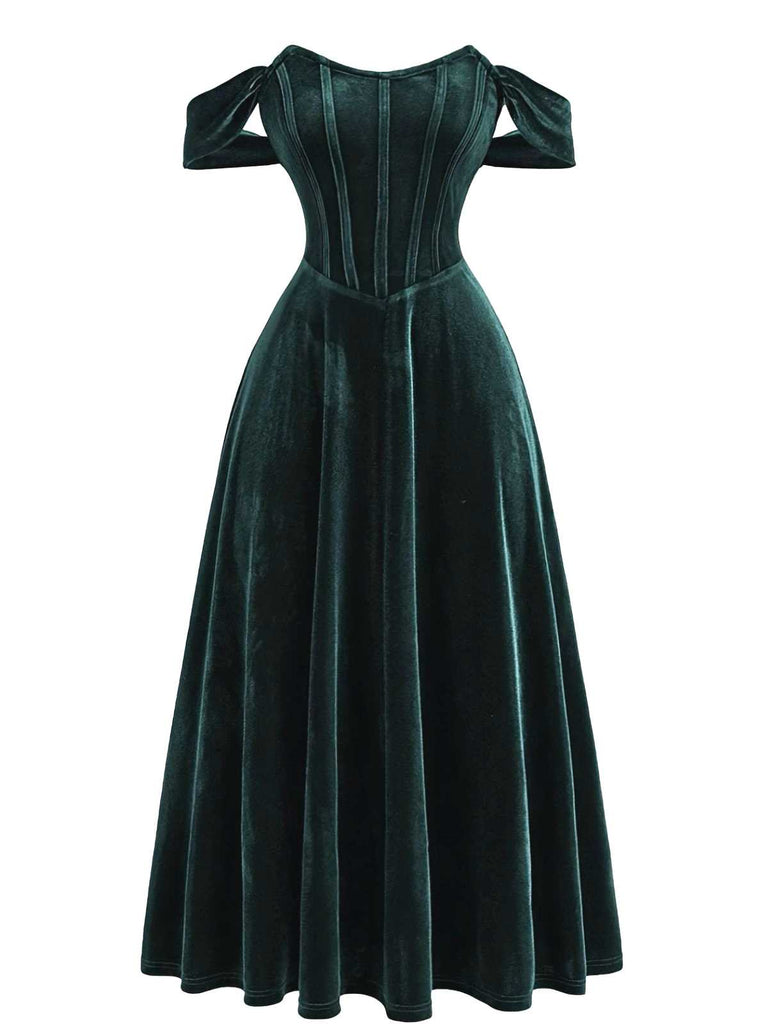 green velvet corset dress Retro Stage Burgundy Velvet Off-Shoulder Midi Dress