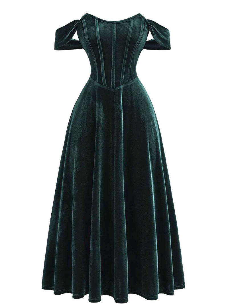 velvet dress corset Retro Stage Burgundy Off-Shoulder Midi Black Off Shoulder Long 5 inches of modesty american honey Color:Aqua/Ivory