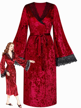 1930s Velvet Lace Long Sleeve Patchwork Pajama Robe - vintage fashion, retro style