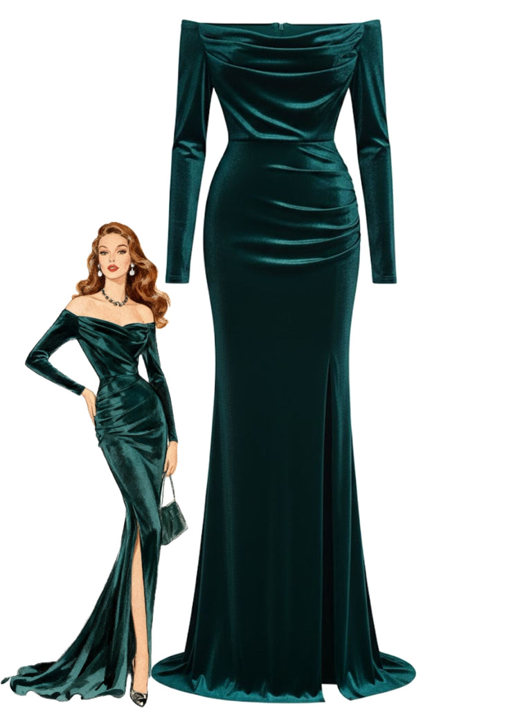 Emerald Green Velvet Off-Shoulder Maxi Gown | Draped Neck Long Sleeve Slit Formal Dress Emerald Green Velvet Off-Shoulder Maxi Gown | Draped Neck Long Sleeve Slit Formal Dress
