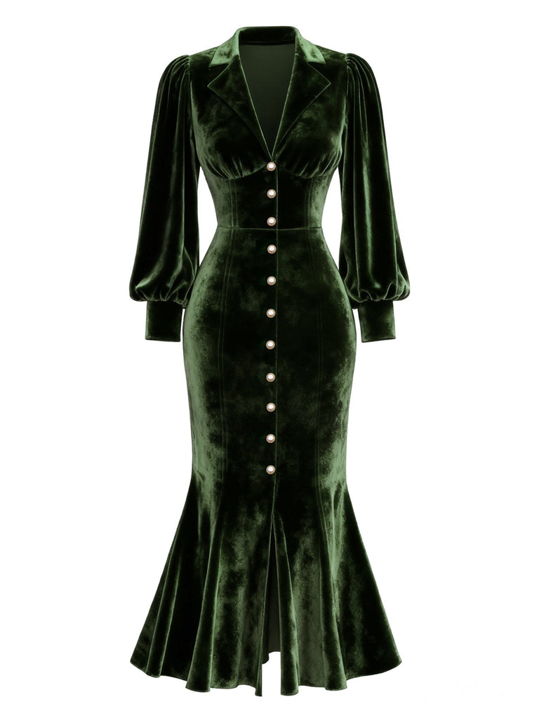 Vintage Emerald Green Velvet Mermaid Dress | Button-Front Long Sleeve Trumpet Cocktail Dress Vintage Emerald Green Velvet Mermaid Dress | Button-Front Long Sleeve Trumpet Cocktail Dress
