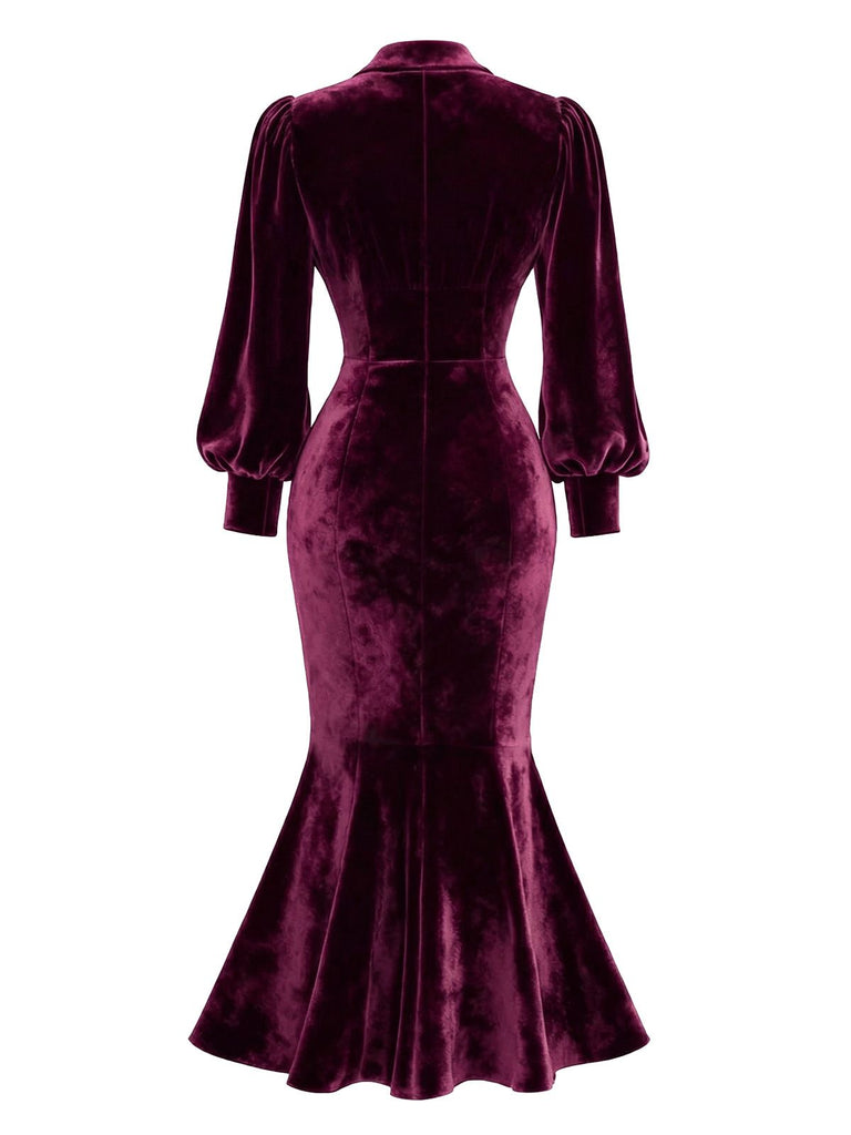 Red 1930s Velvet Pearl Lantern Sleeve Mermaid Dress Red 1930s Velvet Pearl Lantern Sleeve Mermaid Dress