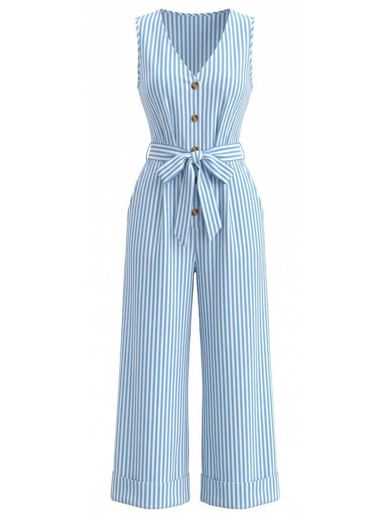 Blue 1930s Vertical Stripe V-Neck Sleeveless Belted Jumpsuit, vintage romper, retro jumpsuit - perfect for women who love vintage and retro fashion
