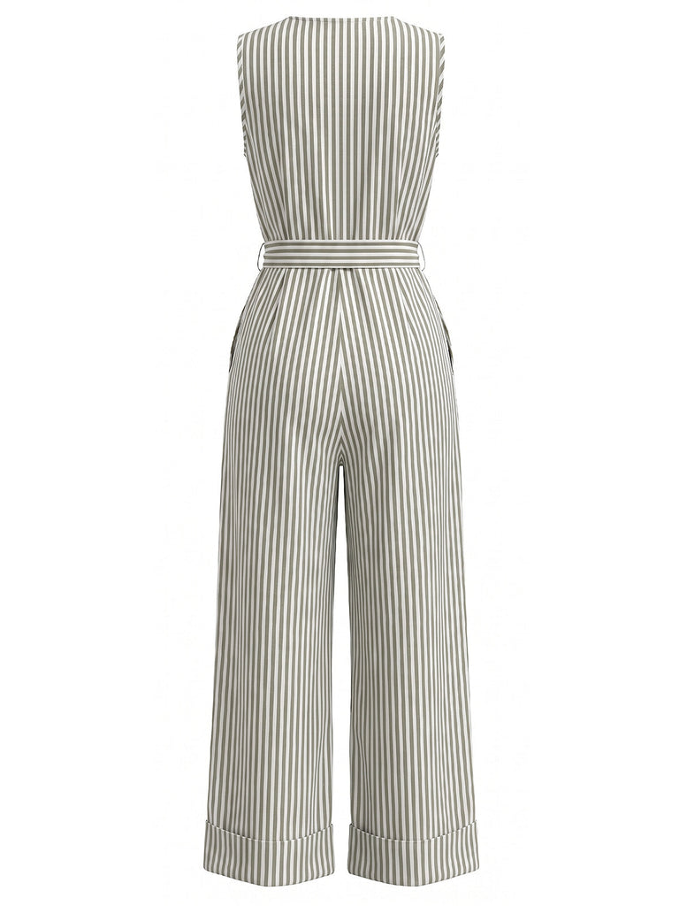 Blue 1930s Vertical Stripe V-Neck Sleeveless Belted Jumpsuit, vintage romper, retro jumpsuit - perfect for women who love vintage and retro fashion