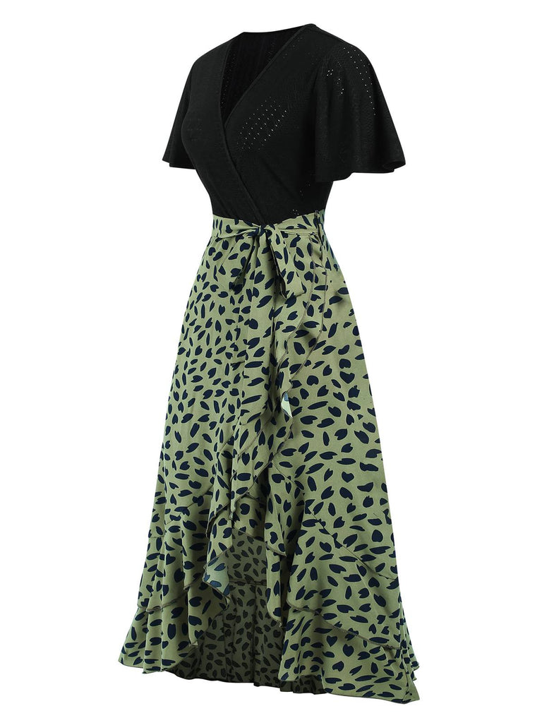 1930s Wrap V-Neck Patchwork Ruffle Dress, vintage dress, retro fashion - perfect for women who love vintage and retro fashion